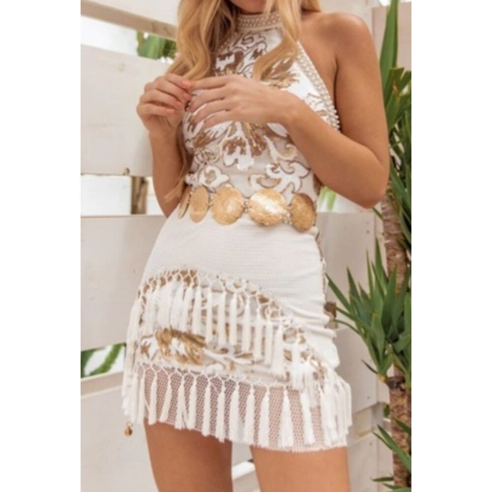 12th Tribe Like Gold Dust White Sequin Fringe Mini Dress Sz S. NEW w Tag